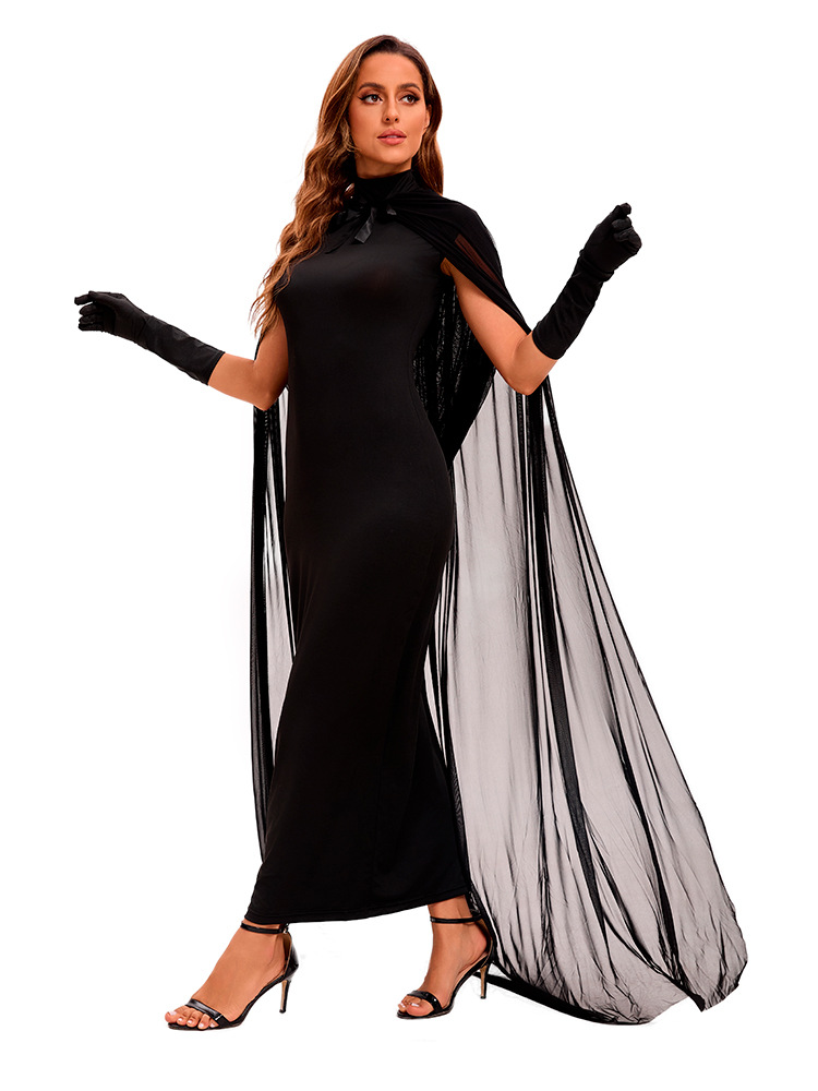Halloween Witch Vampire Costume - Women Black Sheer Mesh Hooded Cape